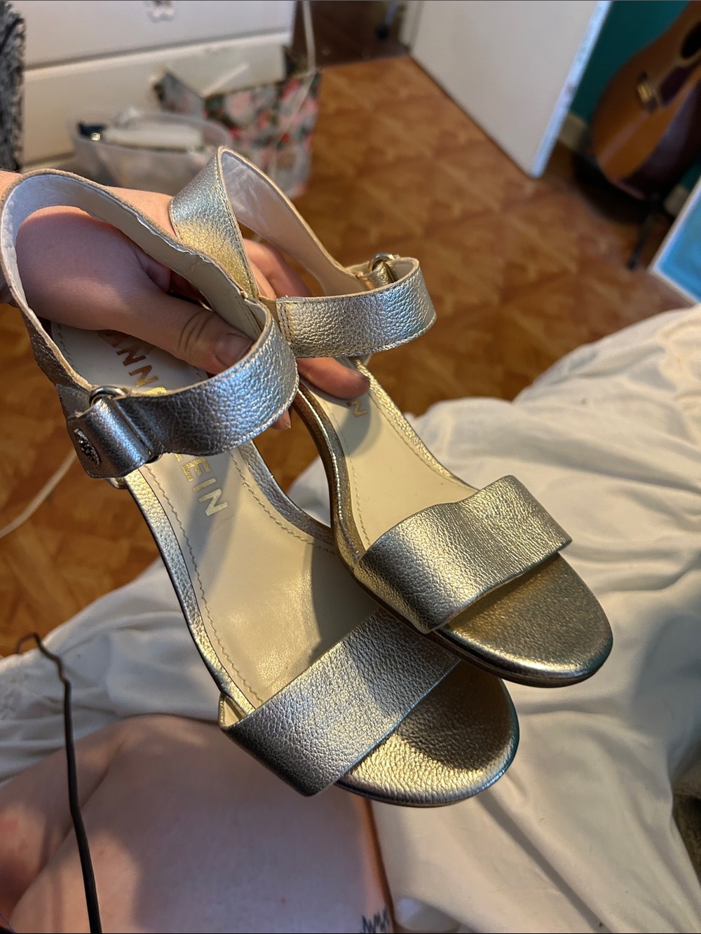 Anne Klein Metallic Gold Mid-Heel Ankle Strap Sandals